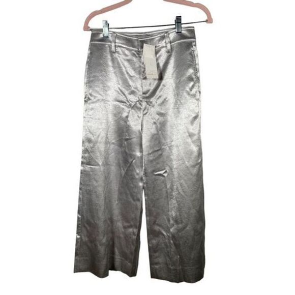 Vince Women's Metallic Silver Satin Wide Leg Crop Pants Size 2 NWT - Picture 3 of 9